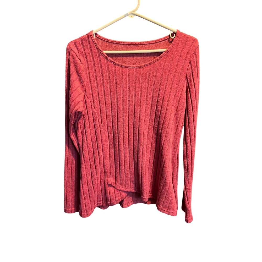 Rose Pink Ribbed Knit Long Sleeve Scoop Neck Top Women Size Large Stretch Basic